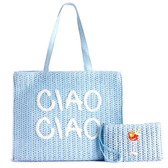 Sonoma Handbags - Sonoma Blue Straw Tote Bag and Wristlet Set